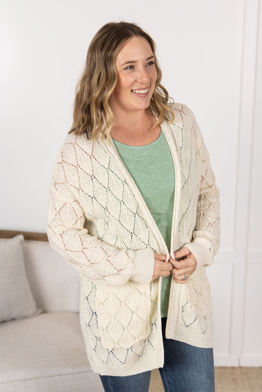 WAREHOUSE Open Knit Cardigan - Ivory