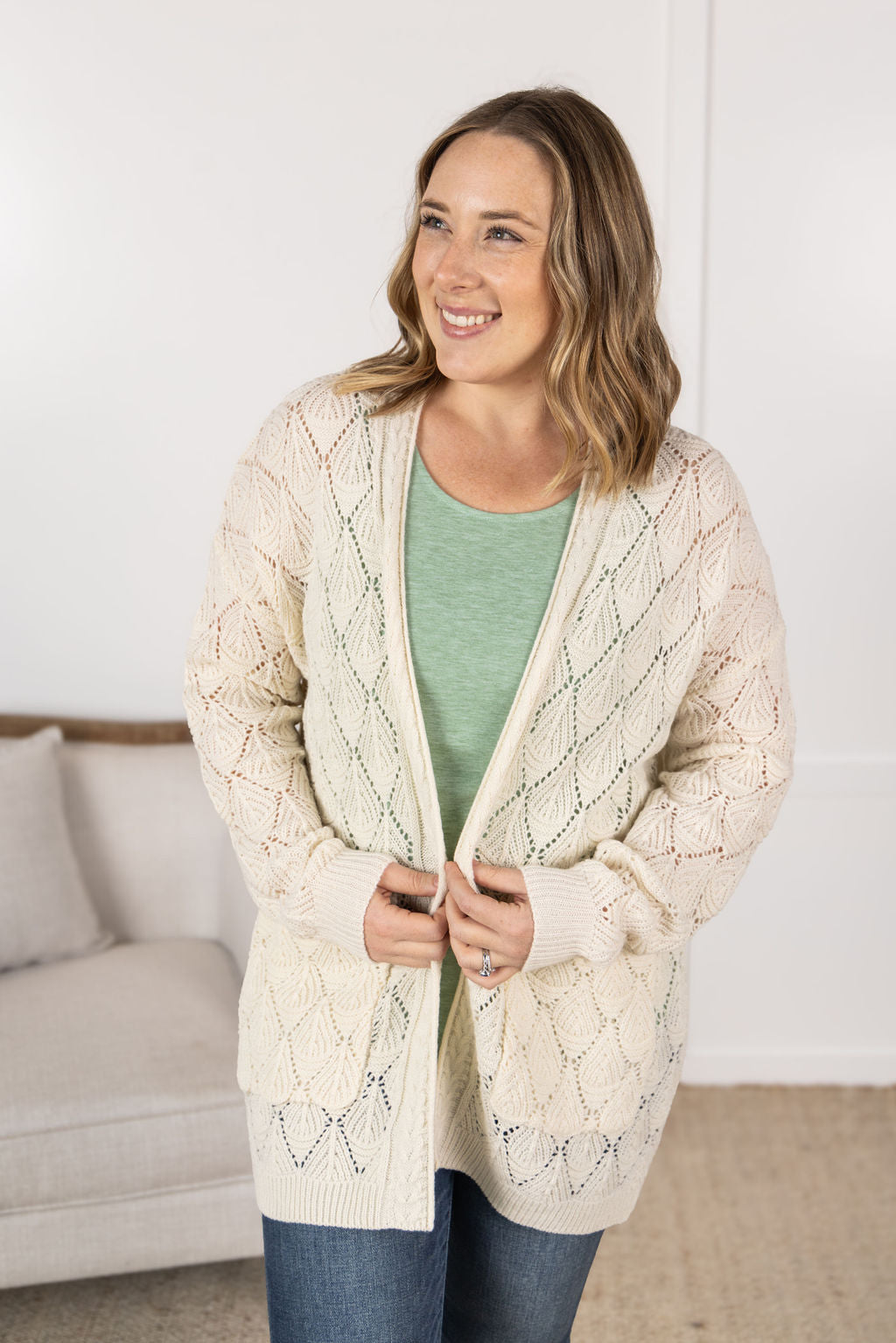 WAREHOUSE Open Knit Cardigan - Ivory