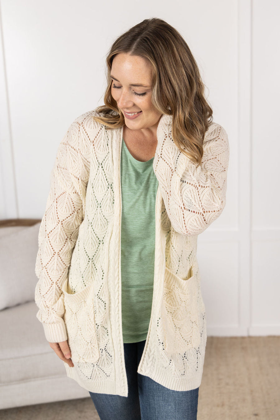 WAREHOUSE Open Knit Cardigan - Ivory