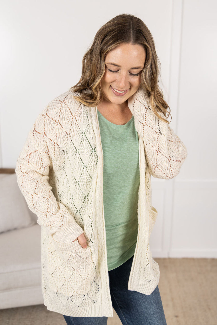 WAREHOUSE Open Knit Cardigan - Ivory