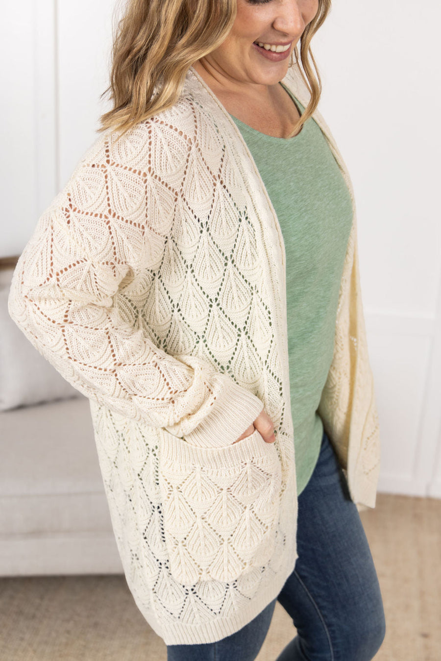 WAREHOUSE Open Knit Cardigan - Ivory