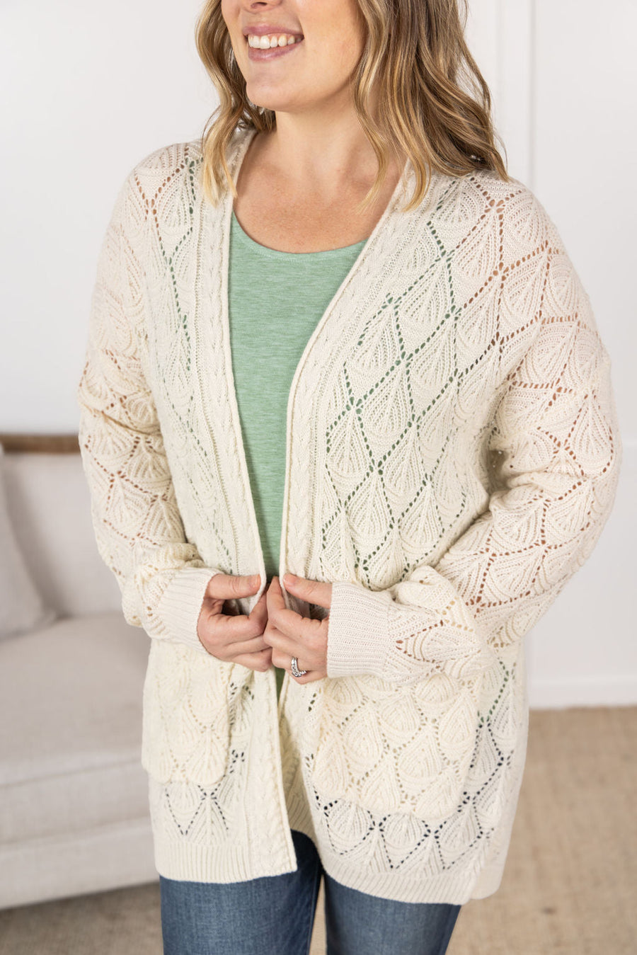 WAREHOUSE Open Knit Cardigan - Ivory