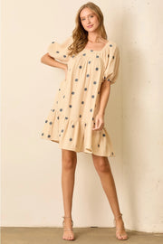 Floral Embroidered Square Neck Bubble Sleeve Mini Dress