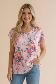 V-Neck Floral Blouse- Blush