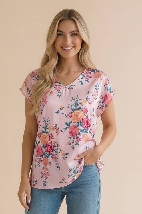 V-Neck Floral Blouse- Blush