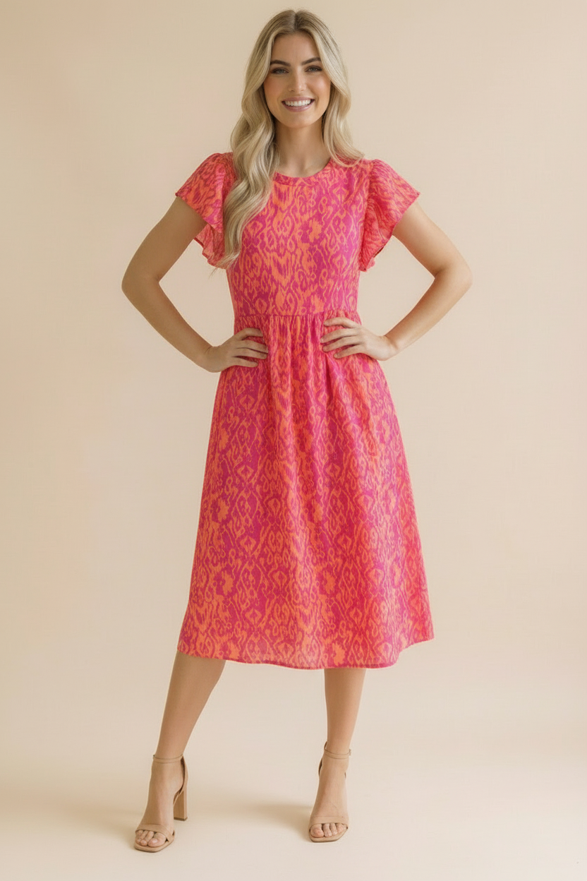 Ruffle Sleeve Babydoll Dress- Coral & Pink