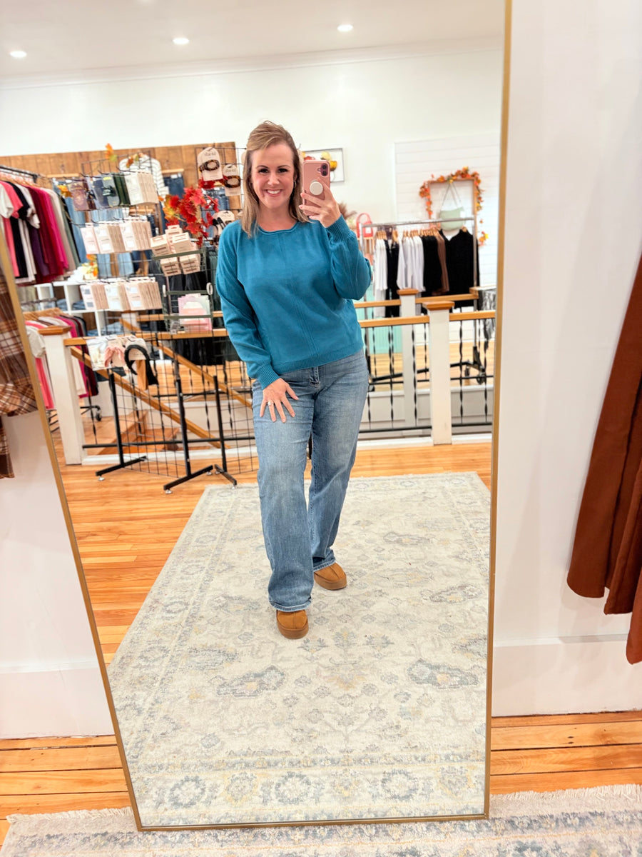 Front Seam Round-Neck Sweater- Ocean Teal