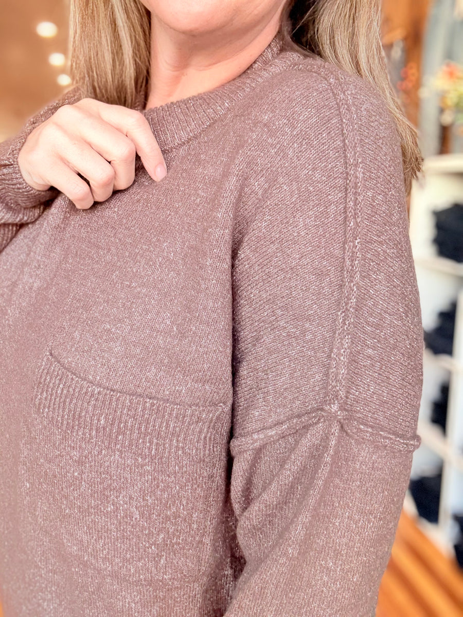Melange Hi-Low Hem Pocket Sweater- Chocolate