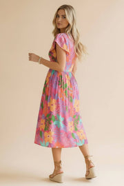Ruffle Sleeve Floral Dress- Tropical Pink