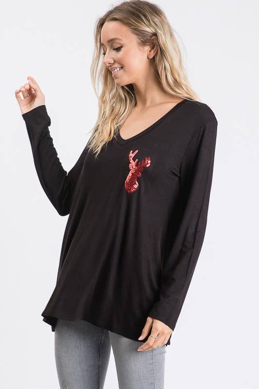 Sequin Reindeer Patch Tee- Black