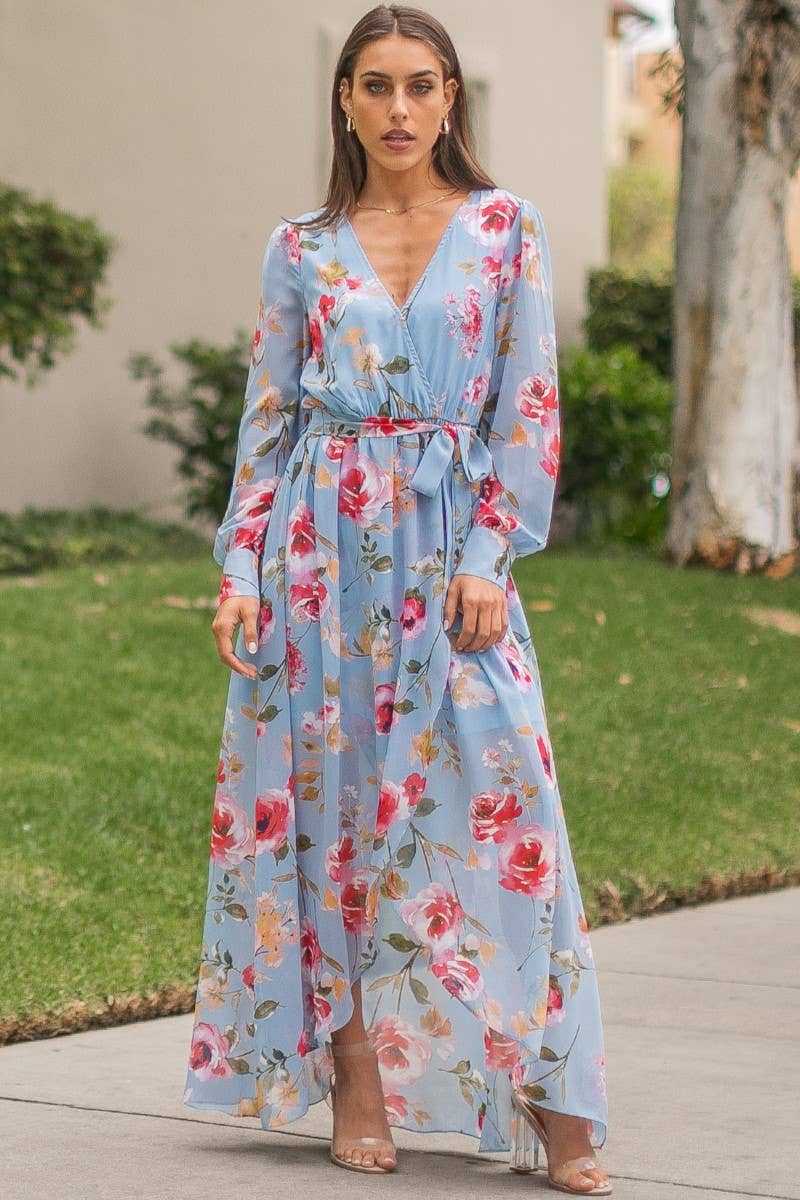 Faux Wrap Hi Low Dress- Perwinkle Floral