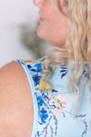 WAREHOUSE Luxe Crew Tank - Light Blue Floral Bliss