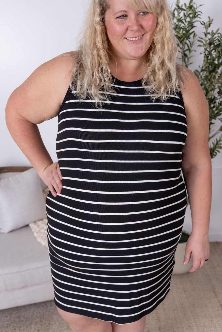 WAREHOUSE Mariah Ribbed Dress - Black Stripes