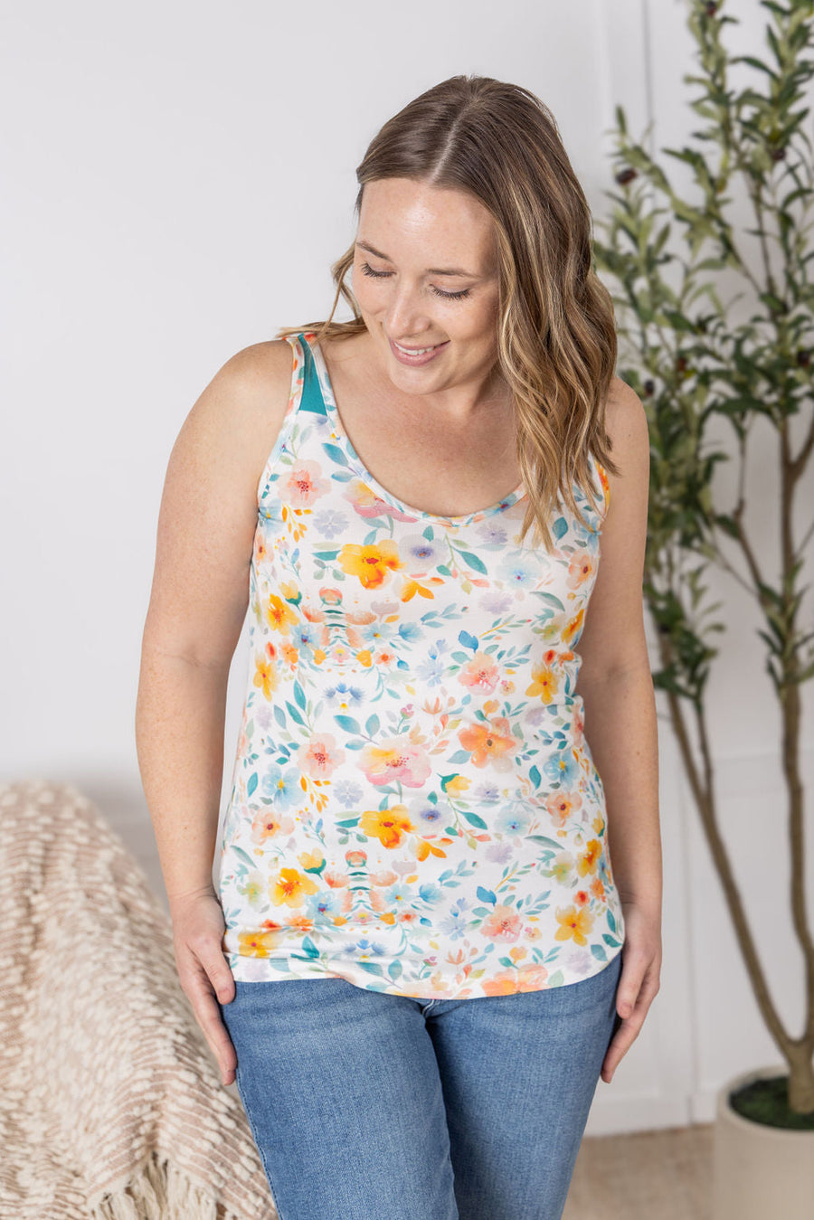 WAREHOUSE Poppy Tank - Watercolor Floral and Teal