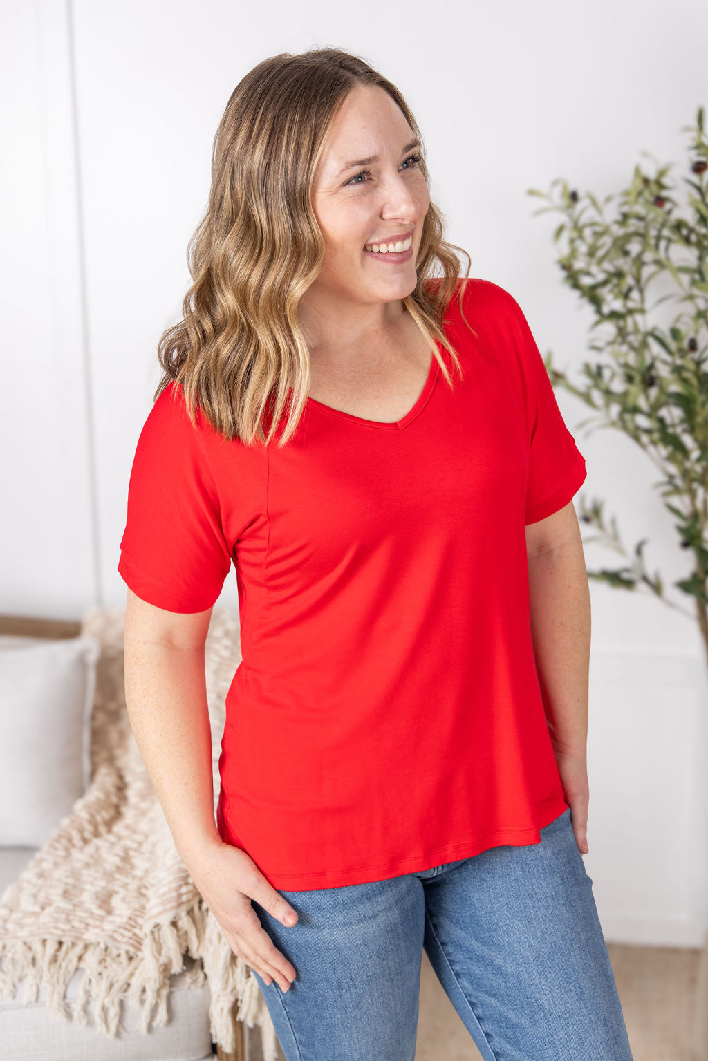 WAREHOUSE Bamboo V Neck Tee - Red