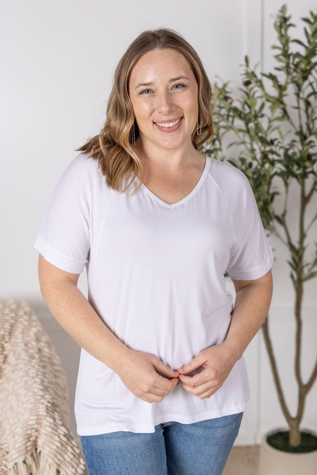 WAREHOUSE Bamboo V Neck Tee - White