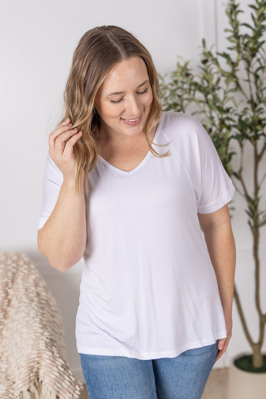WAREHOUSE Bamboo V Neck Tee - White