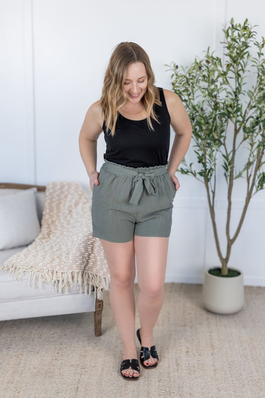 WAREHOUSE Libby Linen Shorts - Olive