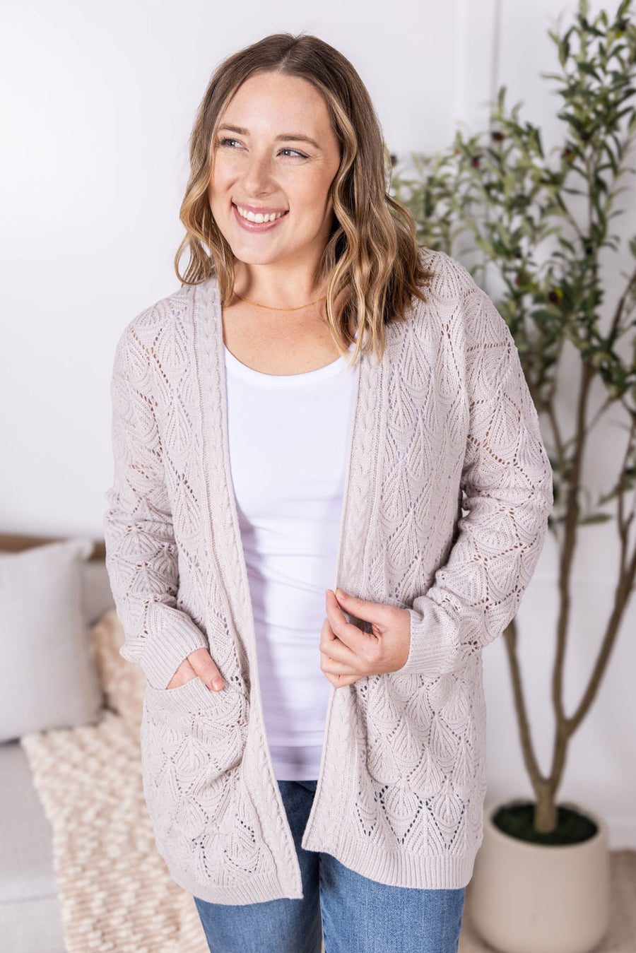 WAREHOUSE Open Knit Cardigan - Neutral