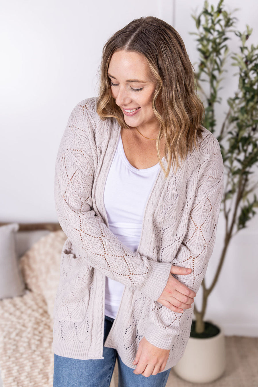 WAREHOUSE Open Knit Cardigan - Neutral