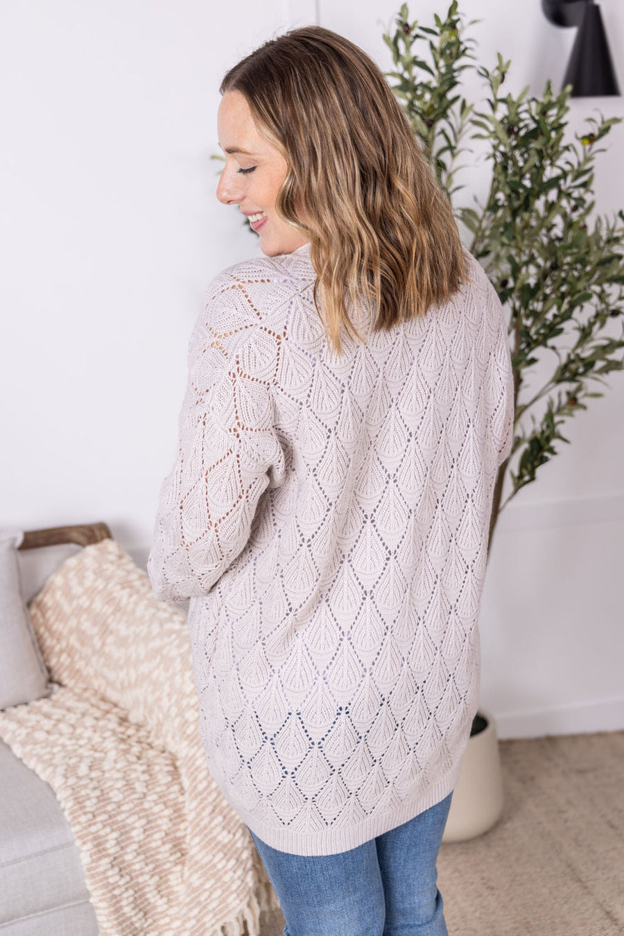 WAREHOUSE Open Knit Cardigan - Neutral