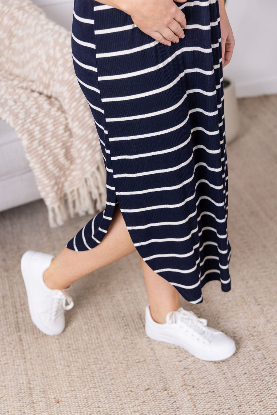WAREHOUSE Reagan Ribbed Midi Dress - Midnight Navy Stripes
