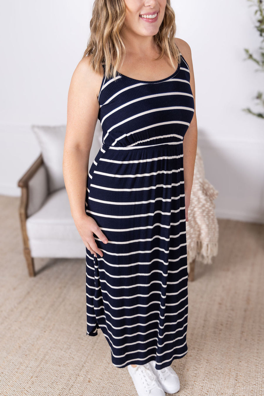 WAREHOUSE Reagan Ribbed Midi Dress - Midnight Navy Stripes