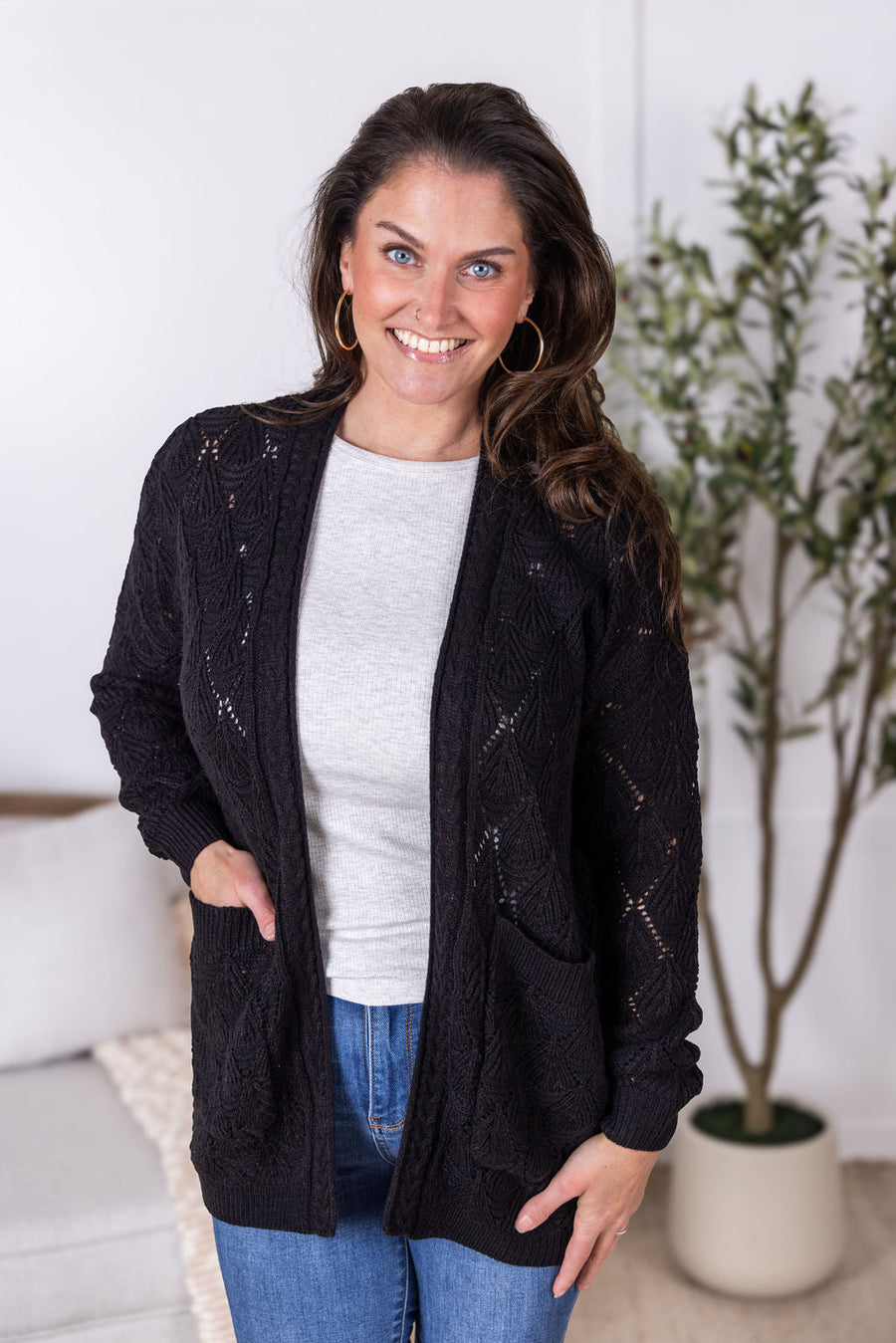 WAREHOUSE Open Knit Cardigan - Black