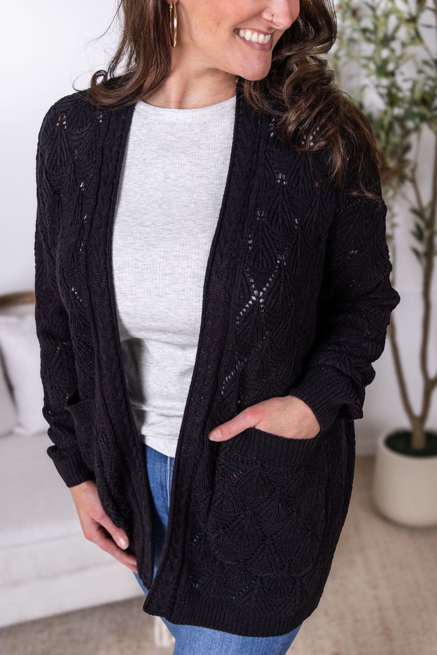 WAREHOUSE Open Knit Cardigan - Black