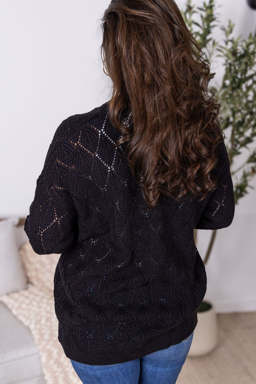 WAREHOUSE Open Knit Cardigan - Black
