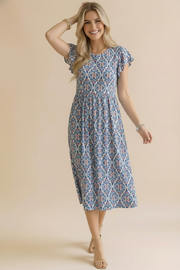 Ruffle Sleeve Babydoll Dress- Ivory & Blue