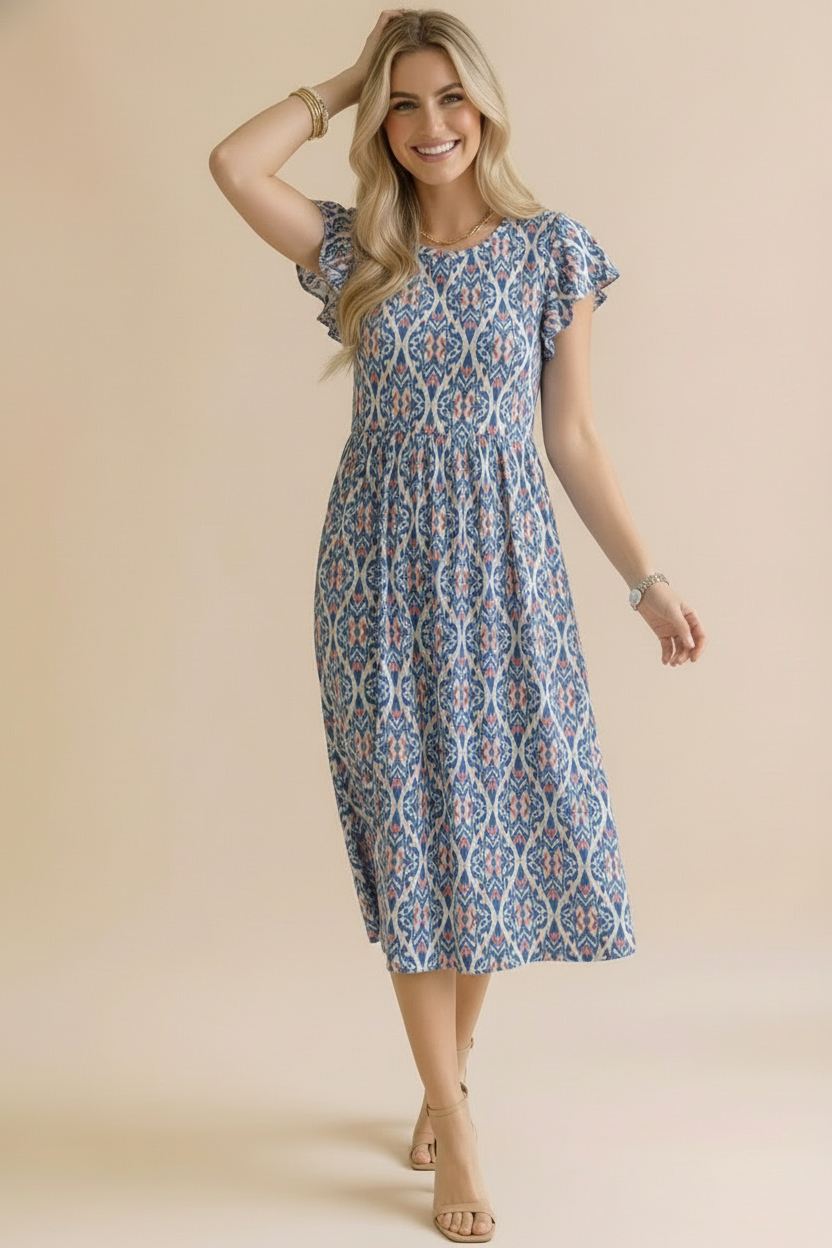 Ruffle Sleeve Babydoll Dress- Ivory & Blue