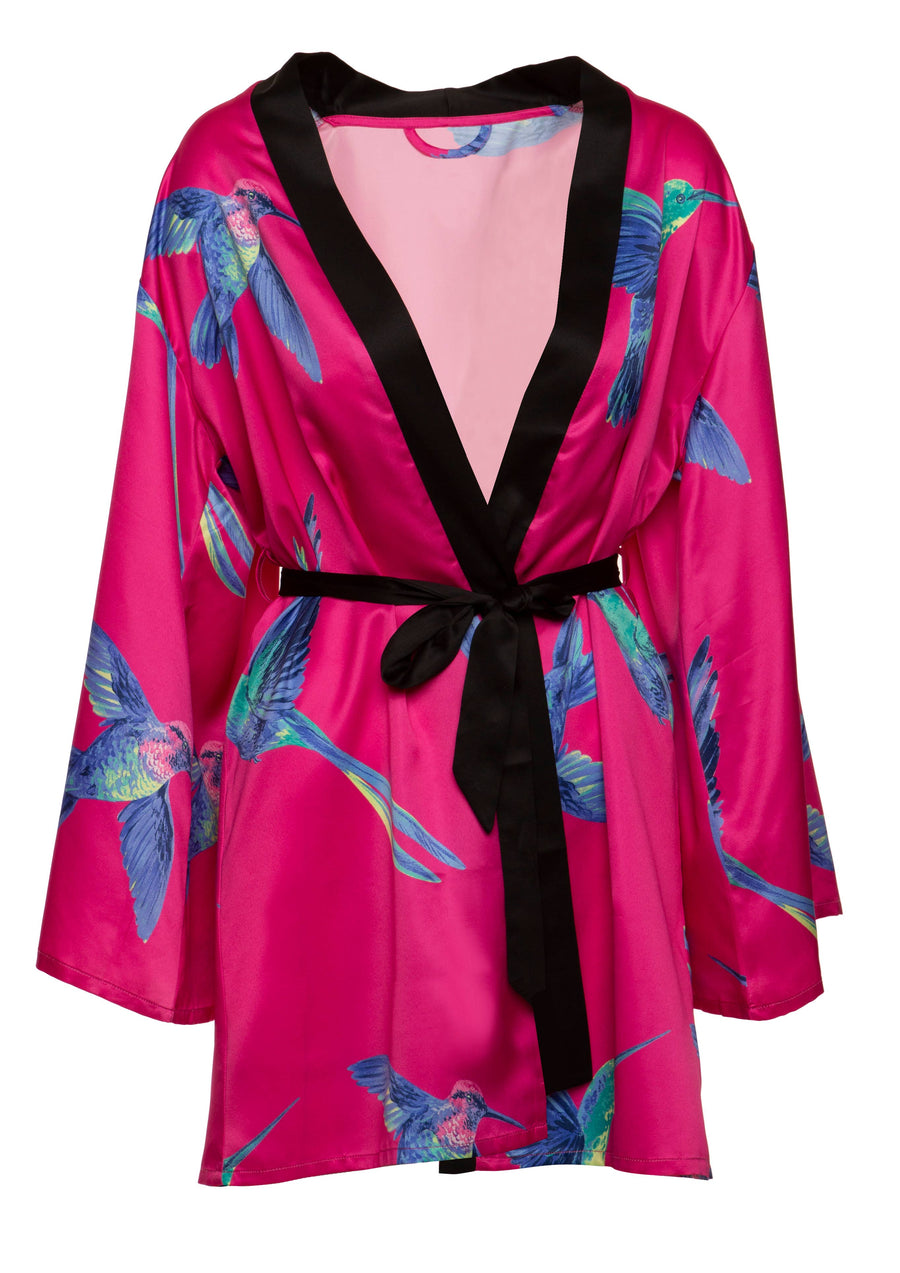 Adrienne Printed Satin Kimono - Pink Hummingbirds