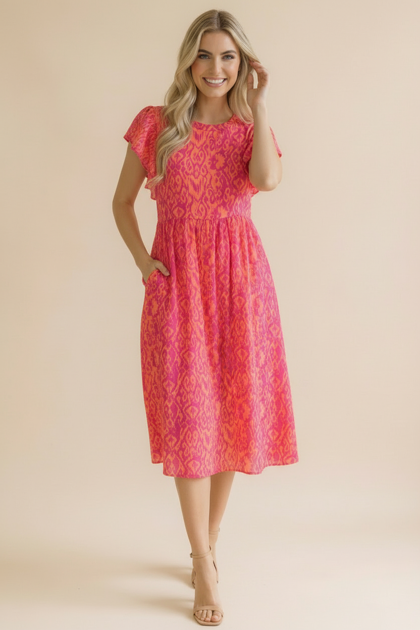 Ruffle Sleeve Babydoll Dress- Coral & Pink