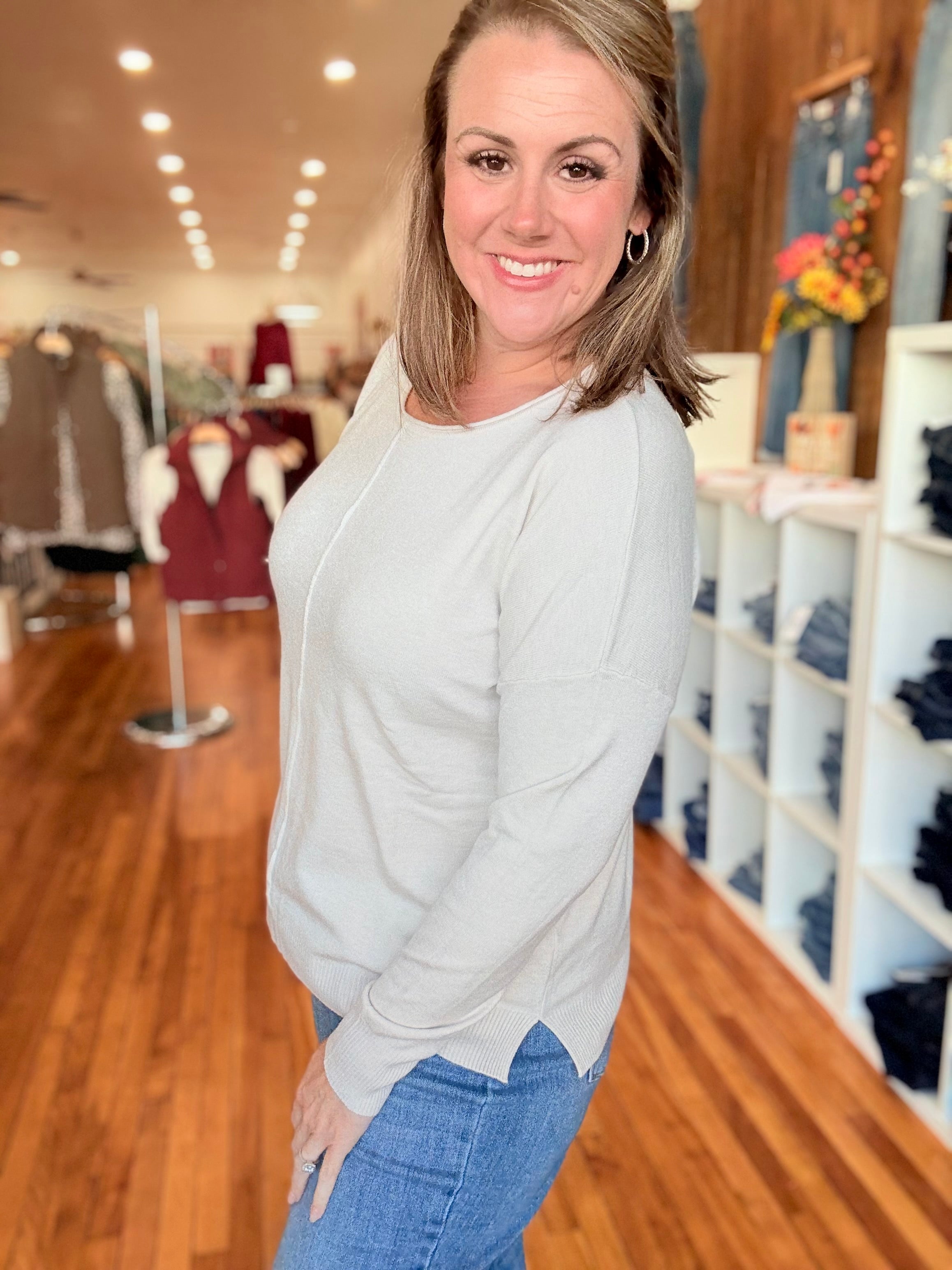 Front Seam Sweater with Side Slits- Sand