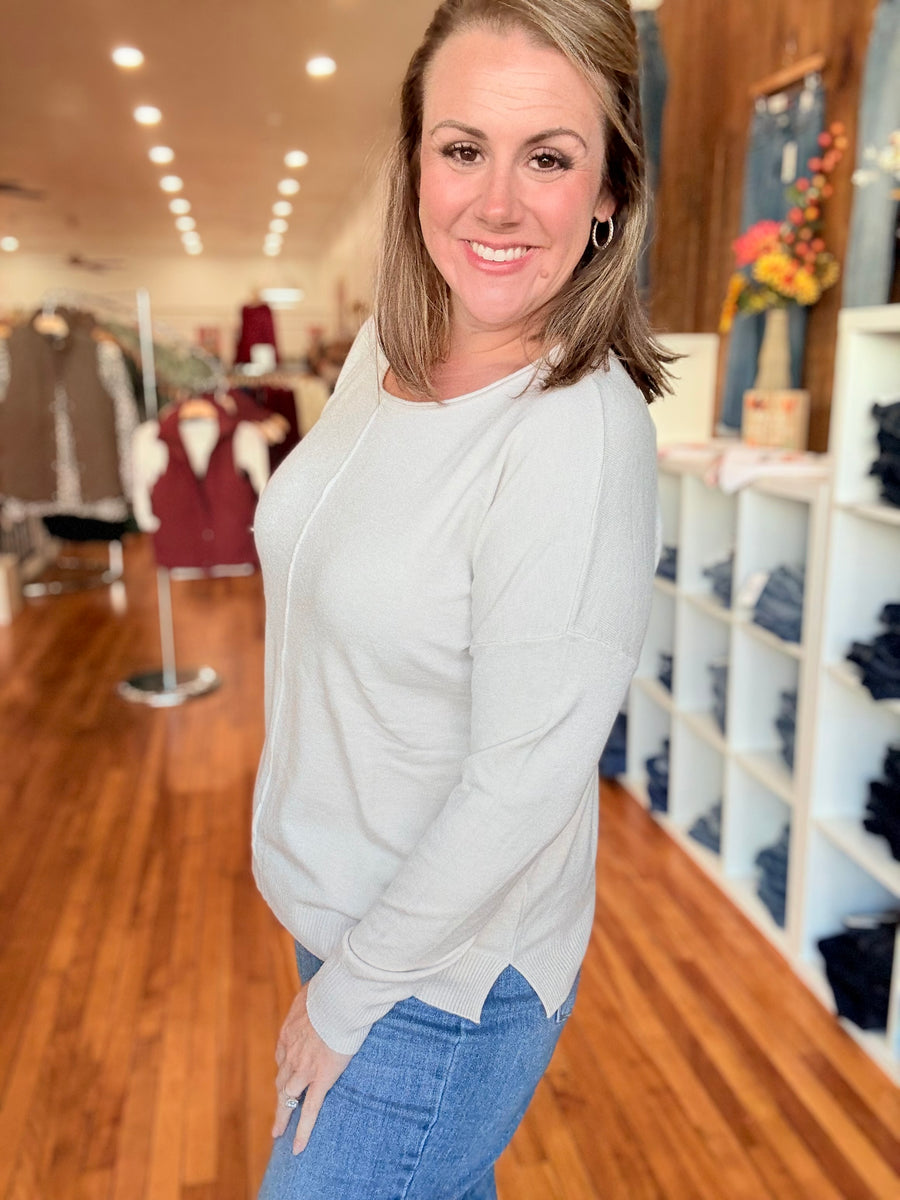 Front Seam Sweater with Side Slits- Sand