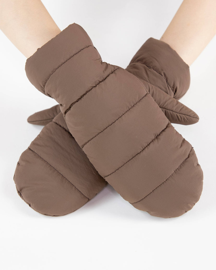 Solid Matte Ribbed Puffer Mittens  - BROWN
