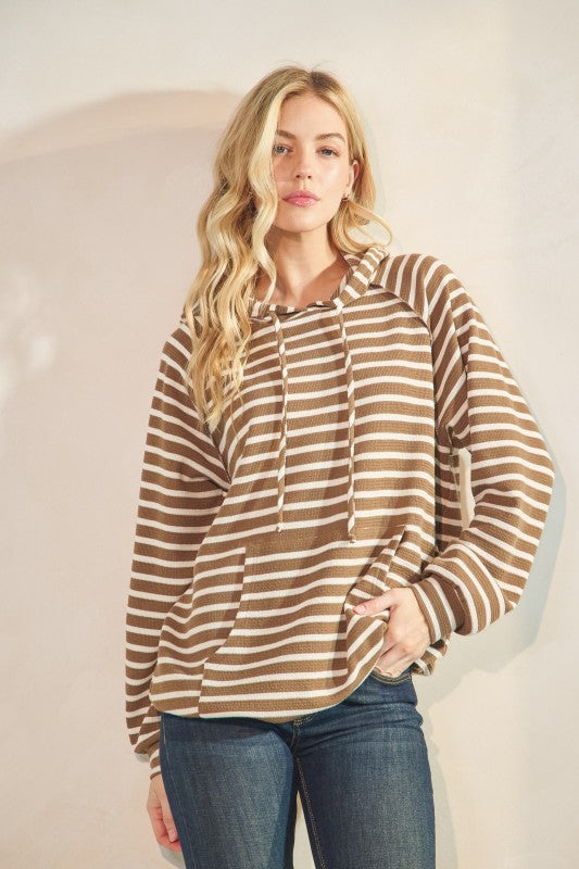 Long Puff Sleeve Stripe Urban Ribbed Hoodie- Tan Stripes