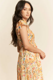 Smocked Bodice Flutter Sleeve Midi Dress- Sunshine Floral