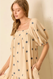 Floral Embroidered Square Neck Bubble Sleeve Mini Dress