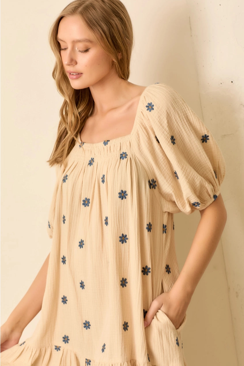 Floral Embroidered Square Neck Bubble Sleeve Mini Dress