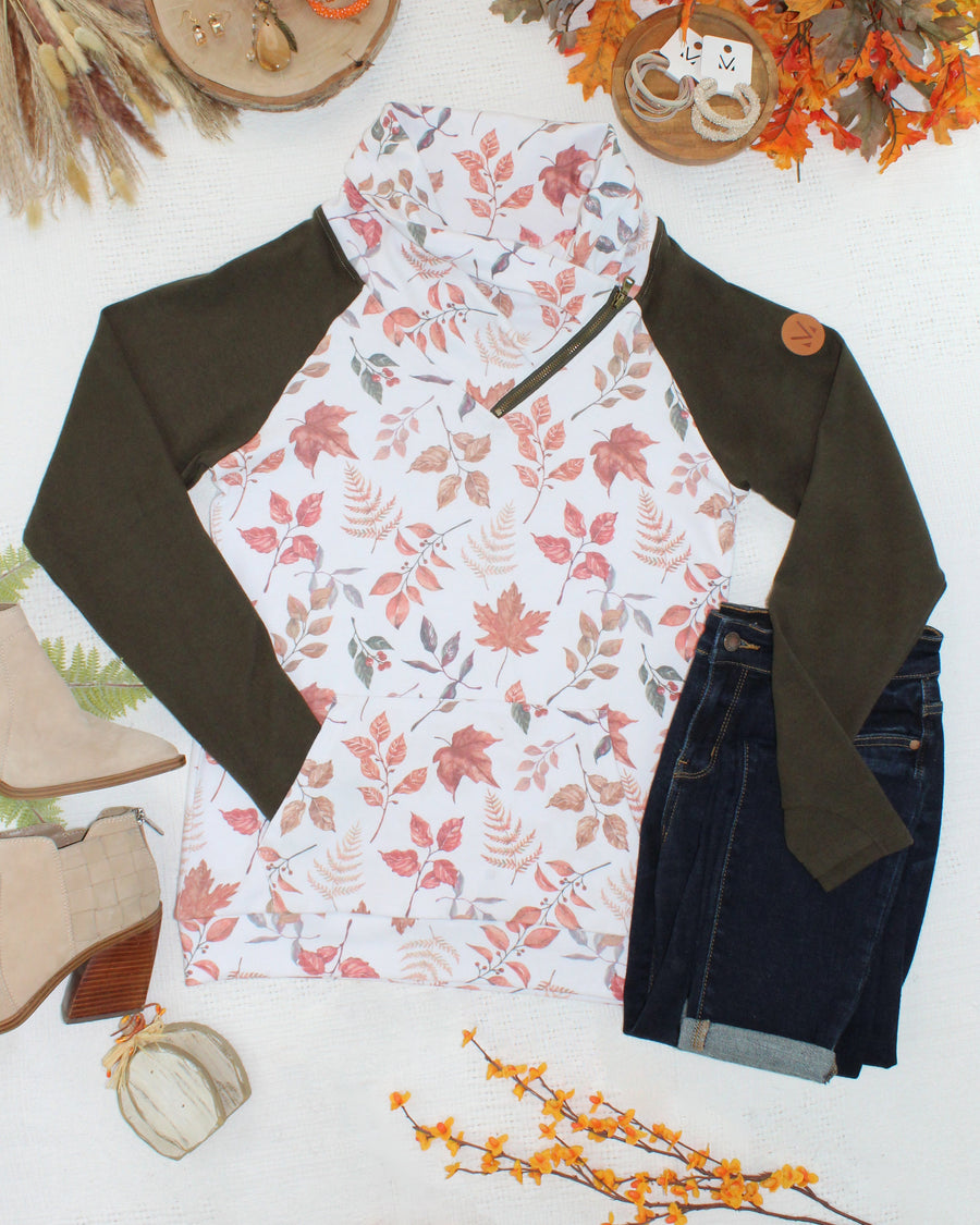 WAREHOUSE ONLY Classic Zoey ZipCowl Sweatshirt - Autumn Leaves and Olive