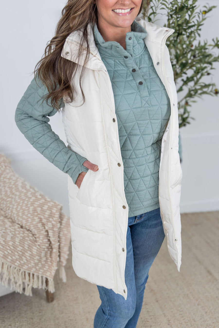 WAREHOUSE Harlow Long Vest - Cream