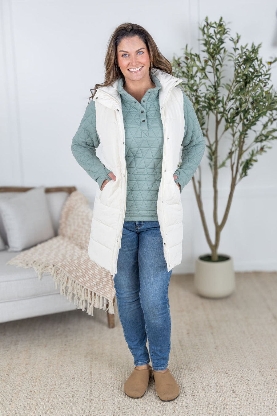 WAREHOUSE Harlow Long Vest - Cream