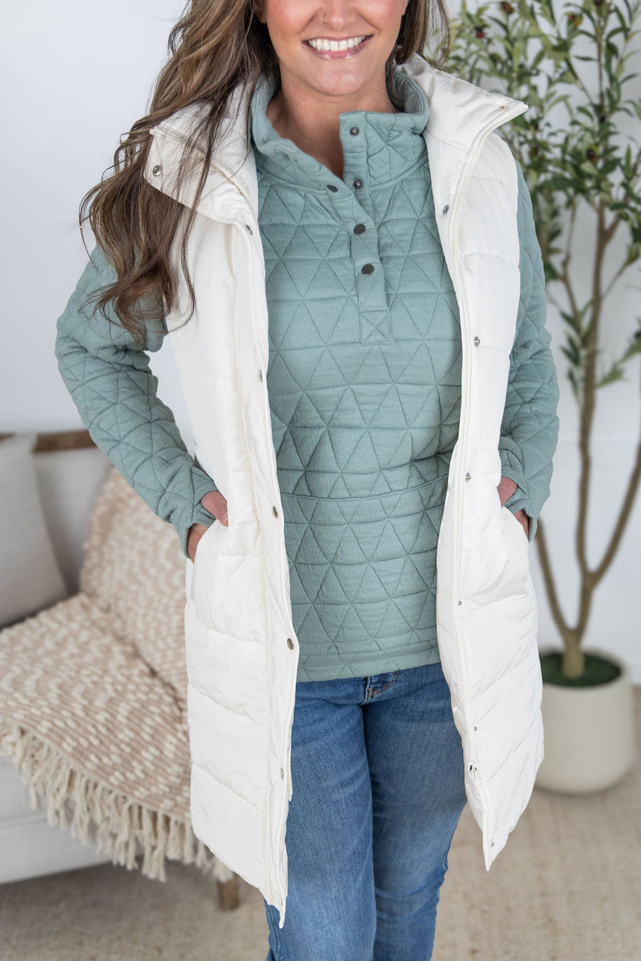WAREHOUSE Harlow Long Vest - Cream