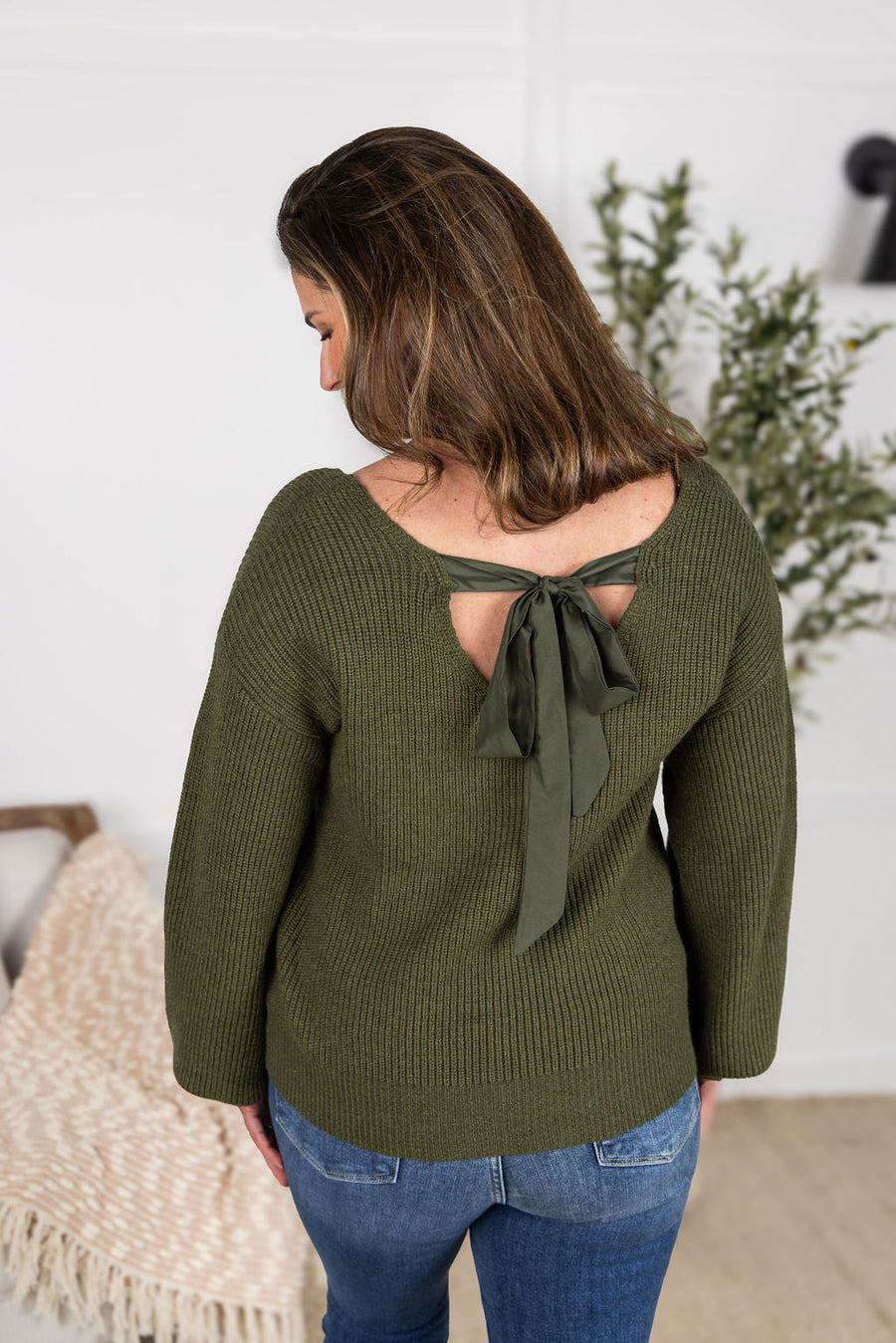 WAREHOUSE Bethany Bow Knit Sweater - Olive
