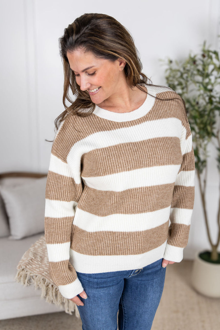 WAREHOUSE Tan and Ivory Stripe Sweater