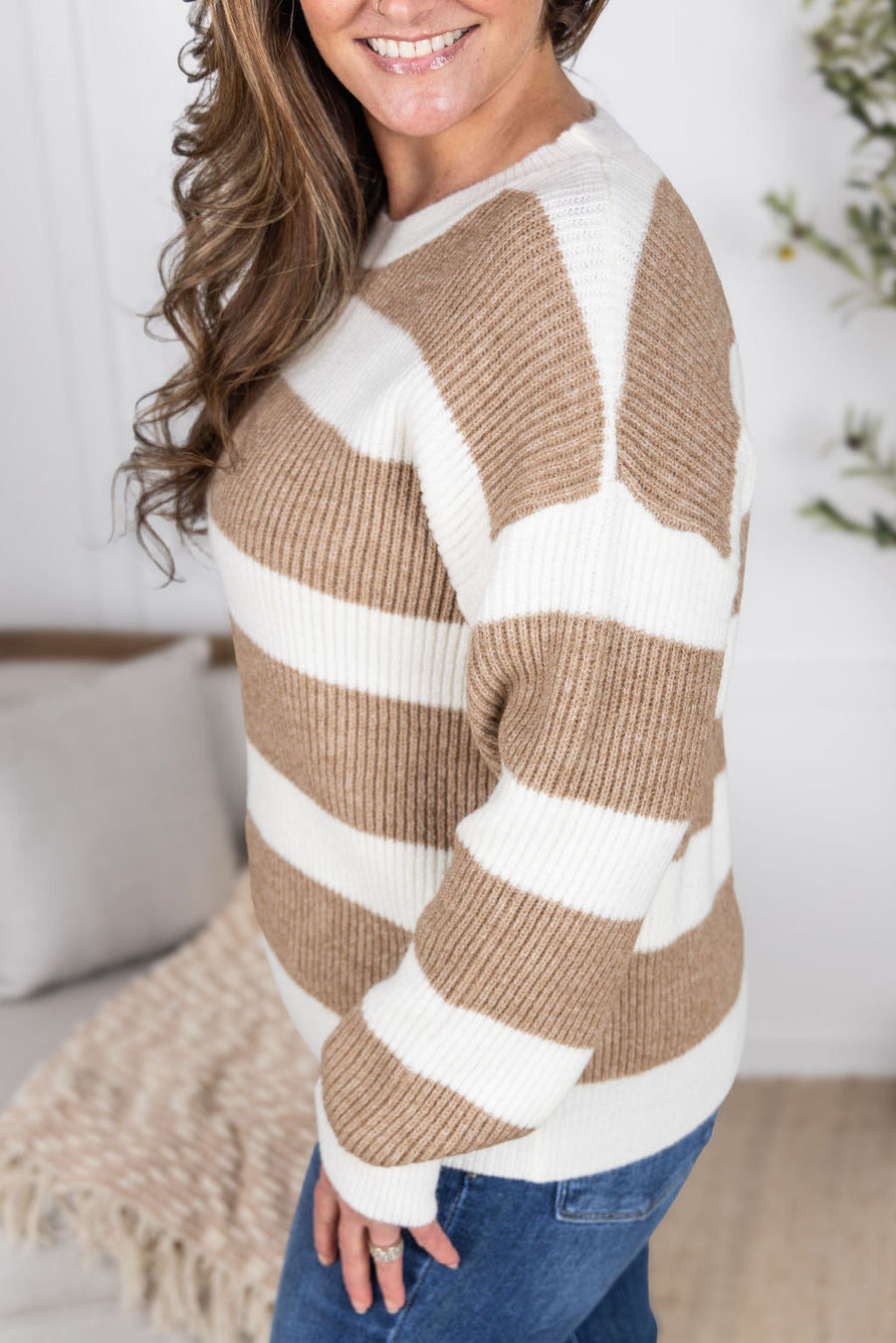 WAREHOUSE Tan and Ivory Stripe Sweater