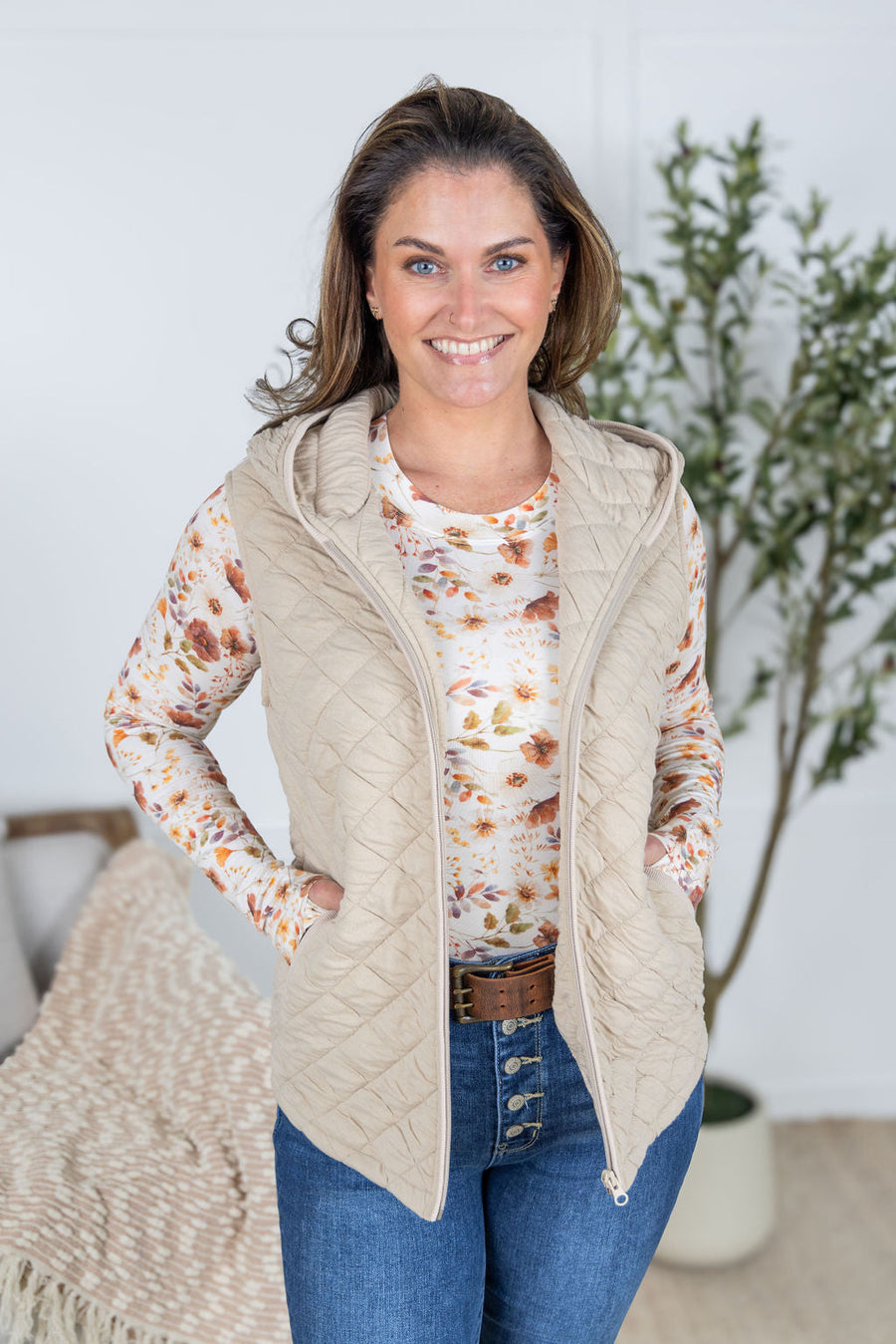 WAREHOUSE Heather Hooded Vest - Beige