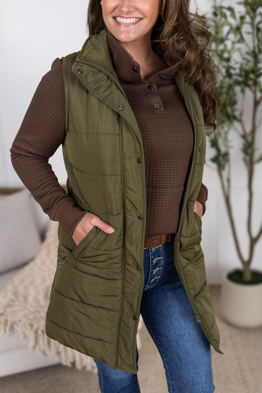 WAREHOUSE Whitley Waffle Snap Pullover - Brown